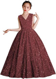 Vestidos de desfile con lentejuelas y cuello en V para niñas, vestidos de baile brillantes para niñas de las flores, vestidos de princesa para niñas pequeñas, vestido de comunión 