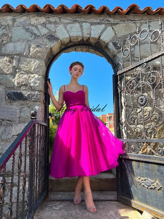 Junior Bridesmaid Tulle Tea Length Prom Dresses for Women Corset Sweetheart Spaghetti Straps Teens Formal Evening Party Gowns