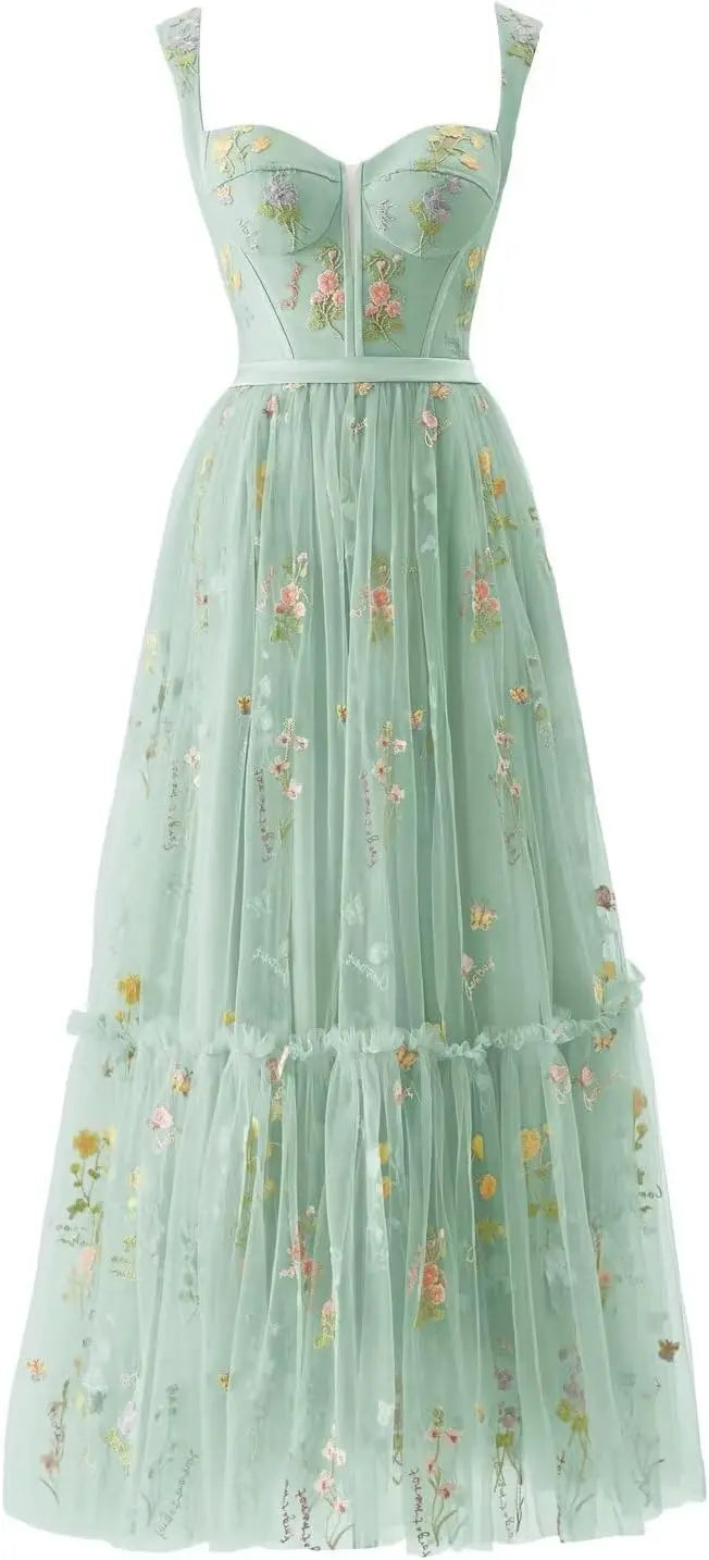 Custom Made Women's Flower Embroidery Tulle Prom Dresses Tea Length Corset A Line Fairy Formal Evening Party Gown Bridesmaid