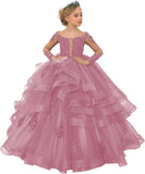 Long Sleeve Flower Girl Dresses Laces Applique Beaded Princess Pageant Dress Beaded Ruffle Tulle Kids Prom Party Gown