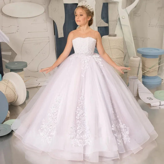 White Tulle Appliques With Tailing Sleeveless For Wedding Birthday Party Banquet Princess Gowns Flower Girl Dresses