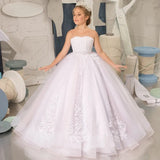 White Tulle Appliques With Tailing Sleeveless For Wedding Birthday Party Banquet Princess Gowns Flower Girl Dresses