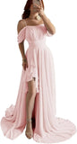 Elegantes schulterfreies Chiffon-Ballkleid für Brautjungfern mit Schlitz, lang, A-Linie, plissierte Rüschen, formelles Abendkleid für Damen 