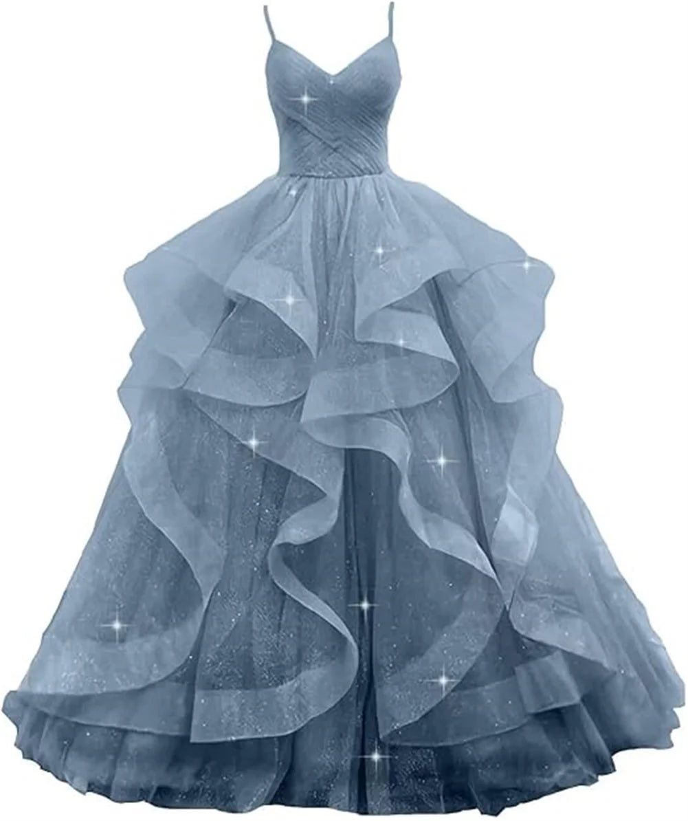 Customized V Neck Glitter Tulle Long Prom Dresses Spaghetti Straps Ball Gown For Women Puffy Tiered Formal Evening Party Dresses