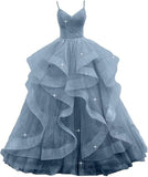 Customized V Neck Glitter Tulle Long Prom Dresses Spaghetti Straps Ball Gown For Women Puffy Tiered Formal Evening Party Dresses