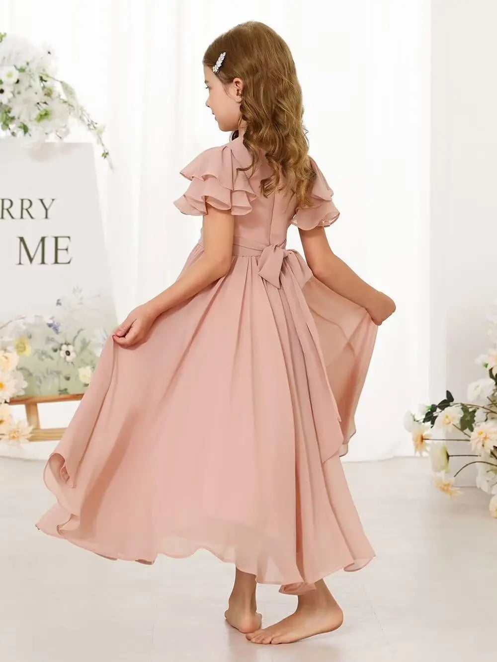 Flower Girl Maxi Dress for Wedding Bridesmaids Flowy Chiffon Teens Ruffle Sleeve Formal Party Pageant Gown princess dress