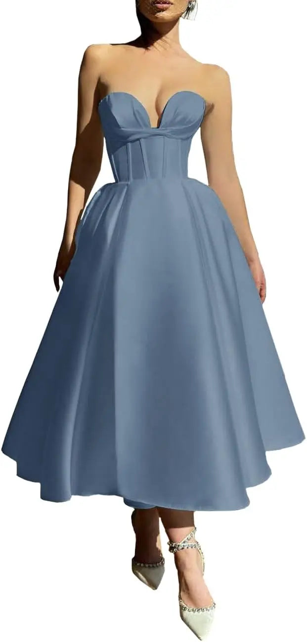 Strapless Prom Dresses 2025 Sweetheart Satin Tea Length Puffy Party Dresses for Women simple wedding dress short wedding dress