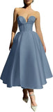 Strapless Prom Dresses 2025 Sweetheart Satin Tea Length Puffy Party Dresses for Women simple wedding dress short wedding dress