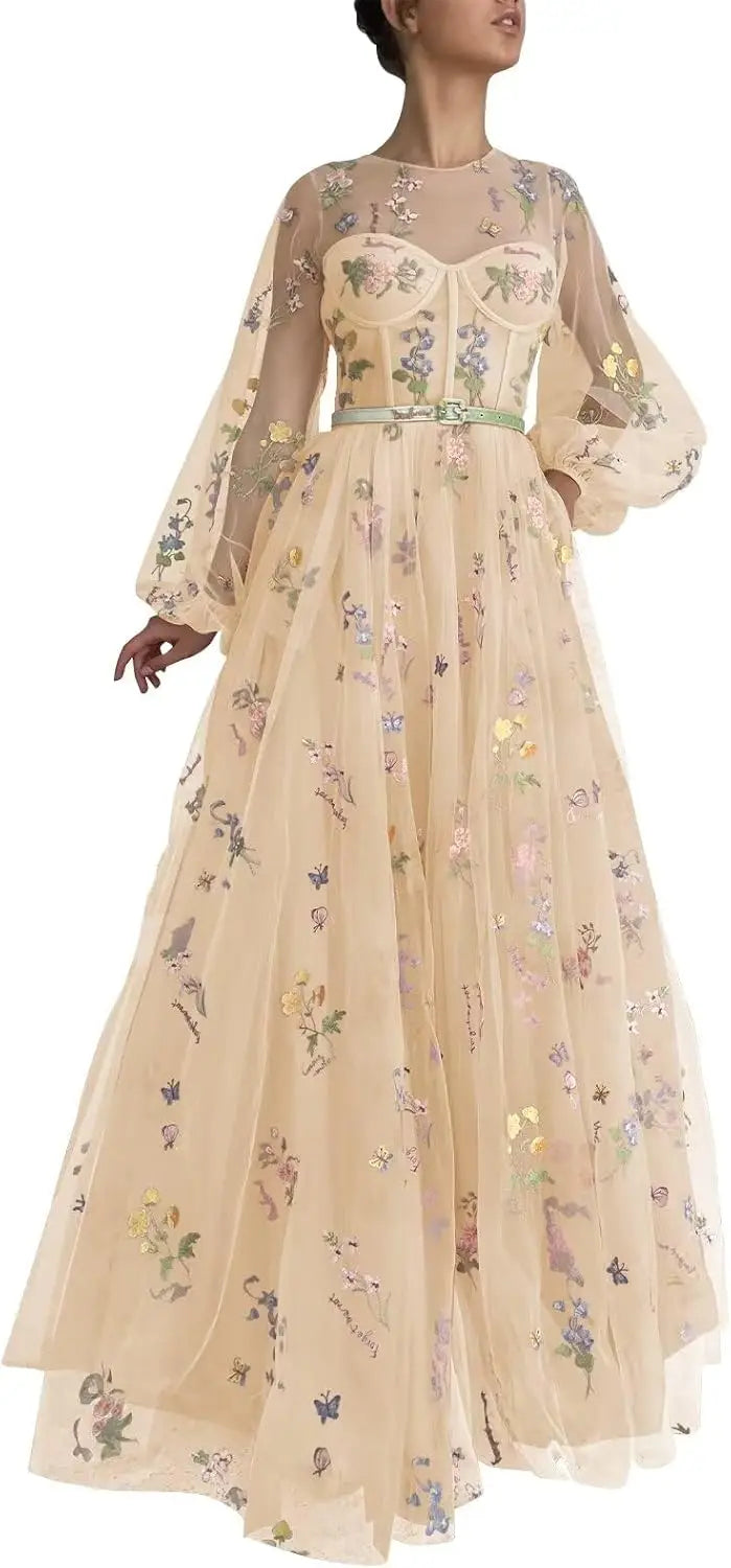 Women's Puffy Sleeve Tulle Prom Dresses Flower Embroidery Long Formal Evening Party Gowns with Pockets