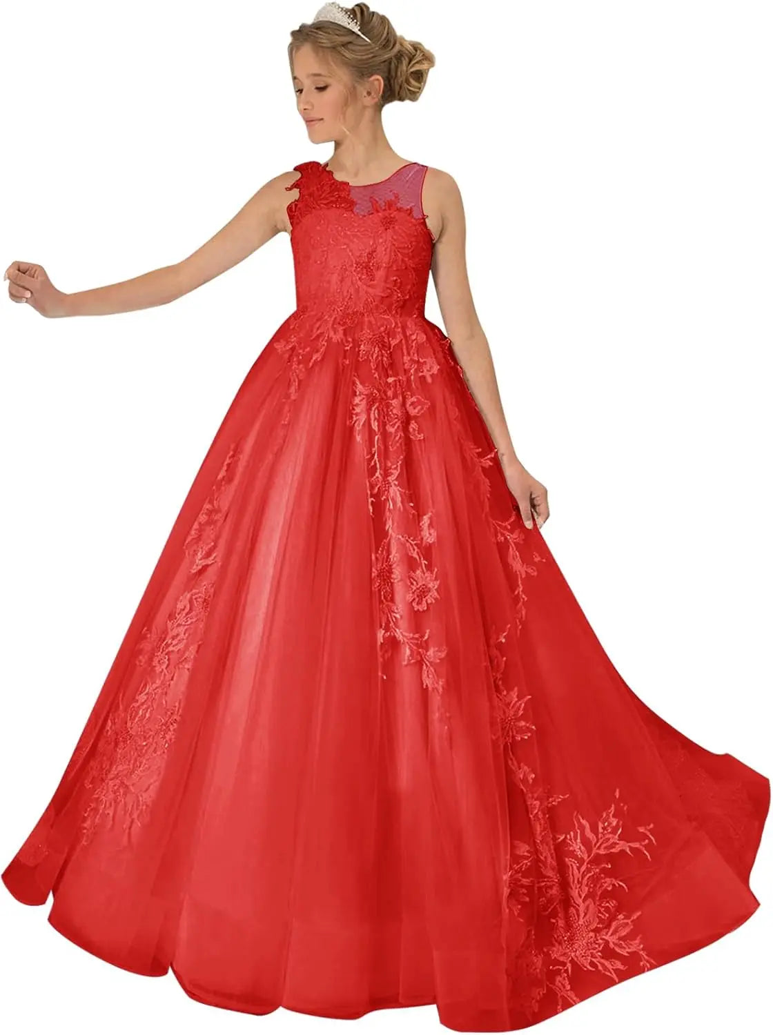Princess Dress Tulle Lace Flower Girl Dress for Wedding Applique Princess Pageant Dress Long Party Ball Gown with Cape Sleeves