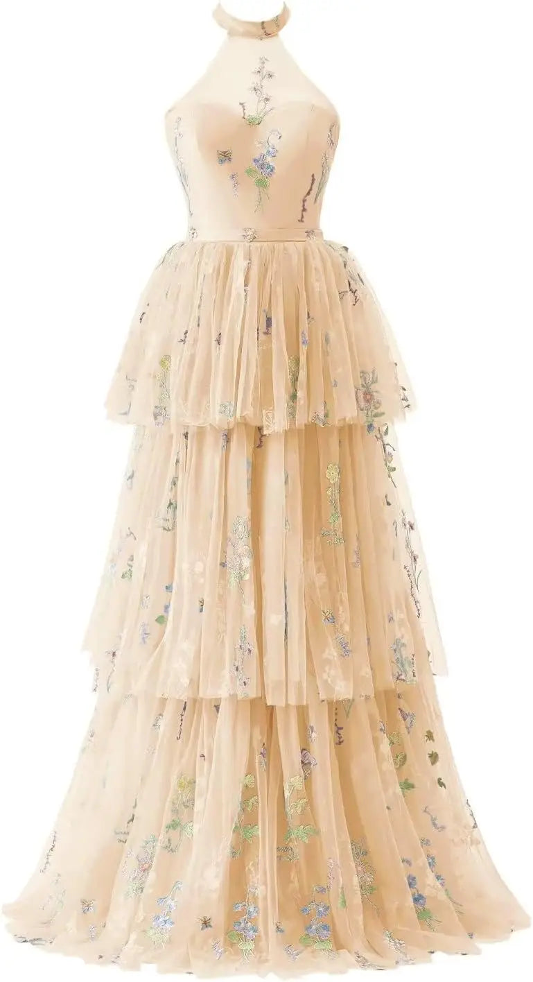 Vestidos de fiesta de tul para mujer con bordado de flores, corte A, largo hasta el suelo, vestidos formales de noche para fiesta 