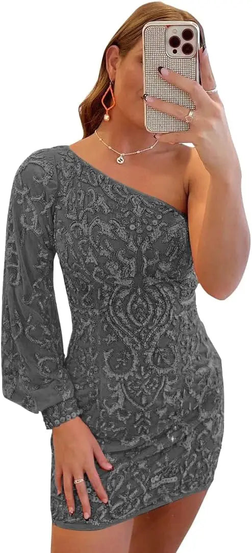 Vestidos de fiesta de encaje con lentejuelas brillantes para adolescentes, mangas abullonadas, un hombro, minivestido de cóctel para graduación, vestidos de noche 