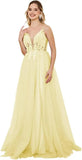 Vestidos de fiesta de tul con escote en V profundo para mujer, tirantes finos, apliques de encaje, vestidos de noche largos de corte A 