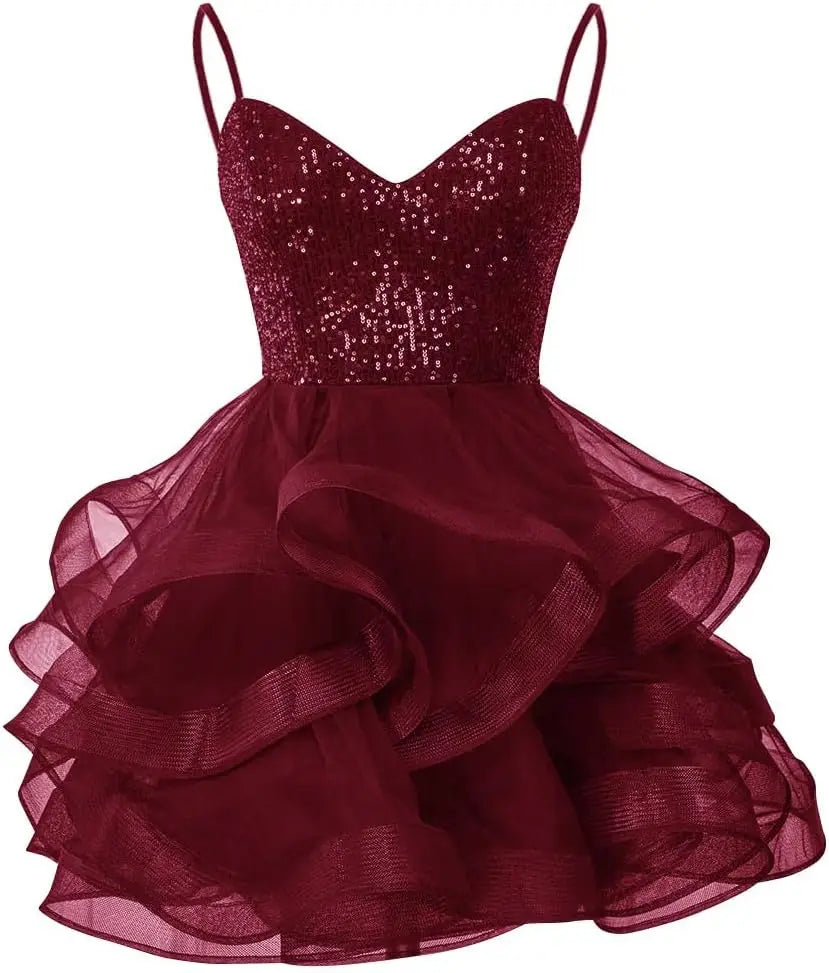 Vestidos de fiesta de tul para adolescentes, con tirantes finos y lentejuelas, vestidos de fiesta cortos, minivestidos de cóctel en capas, vestidos de dama de honor 