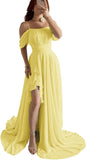 Elegantes schulterfreies Chiffon-Ballkleid für Brautjungfern mit Schlitz, lang, A-Linie, plissierte Rüschen, formelles Abendkleid für Damen 