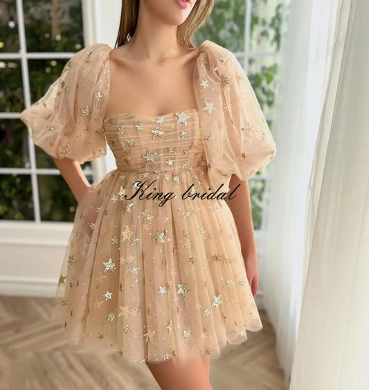 Vestidos de fiesta cortos de tul con estrellas brillantes, hechos a medida, para adolescentes, minivestido de fiesta con estrellas brillantes y mangas abullonadas, vestido formal para club. 