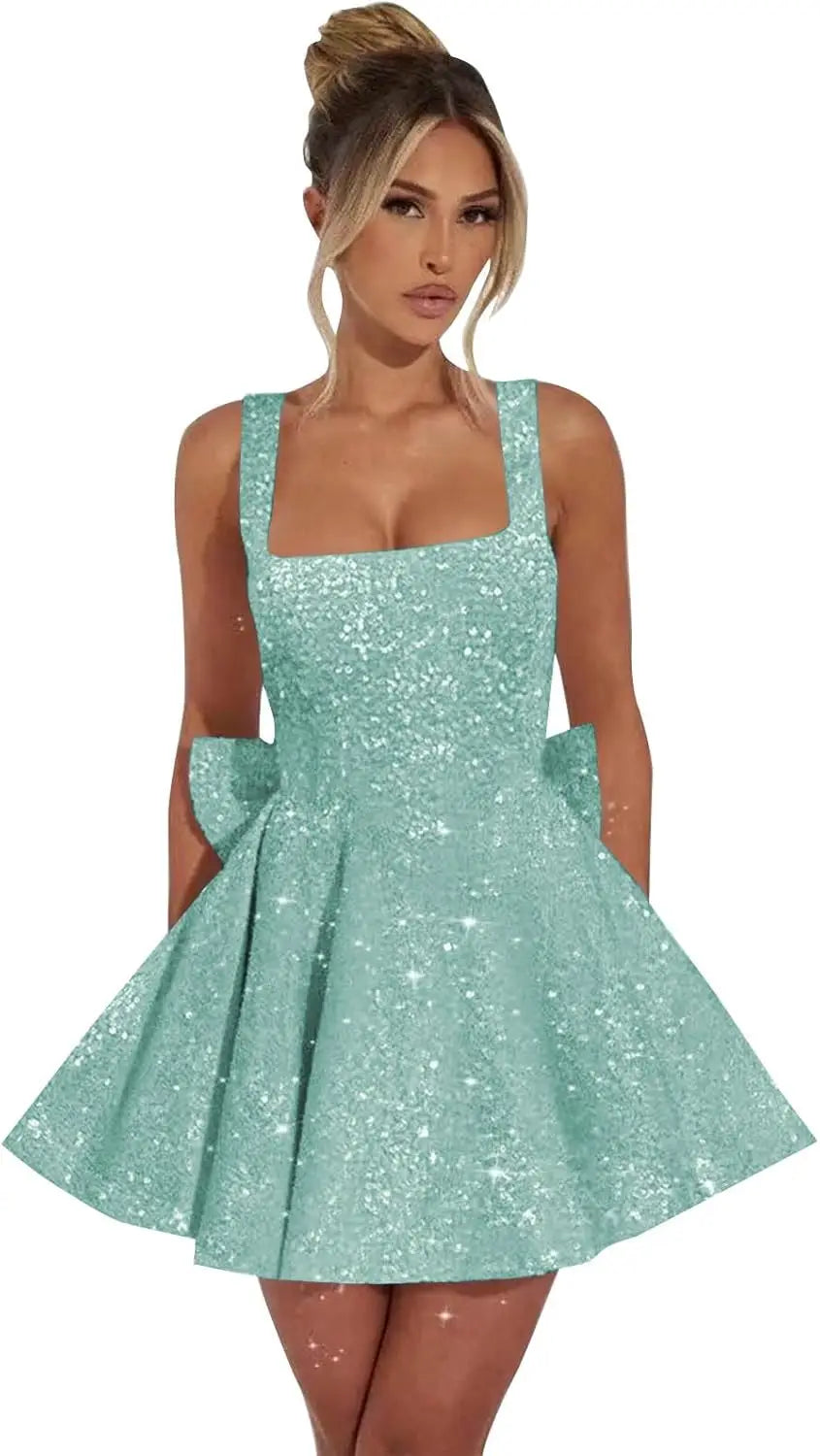 Vestidos de fiesta de graduación con lentejuelas brillantes para adolescentes, con lazo, cortos y abullonados.