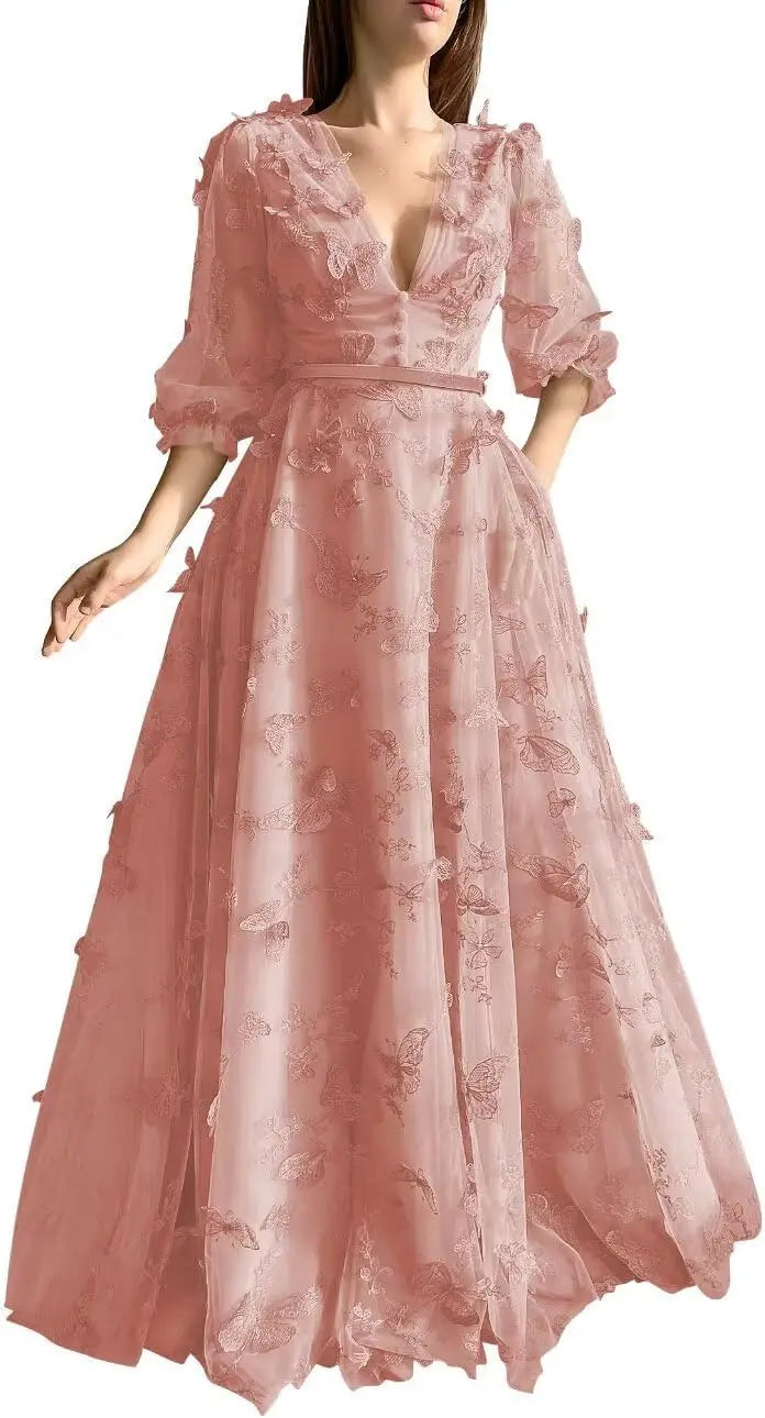 Damen Ballkleid mit Puffärmeln, 3D-Schmetterling, langer V-Ausschnitt, Tüll, Ballkleid, formelles Abendkleid 