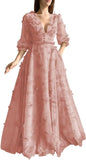 Damen Ballkleid mit Puffärmeln, 3D-Schmetterling, langer V-Ausschnitt, Tüll, Ballkleid, formelles Abendkleid 
