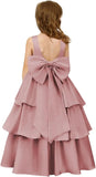 Girls Crewneck Layers Flower Girl Satin Pageant Dress with Bow Knot Backless Birthday Party Formal Dress princess dress