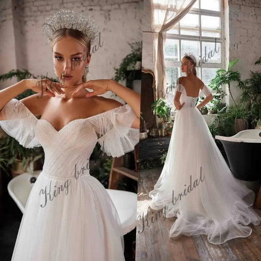 Kristallbesticktes Brautkleid A-Linie Tüll Schulterfrei Brautkleider Perlenbesetztes Brautkleid Individuelles Brautkleid 