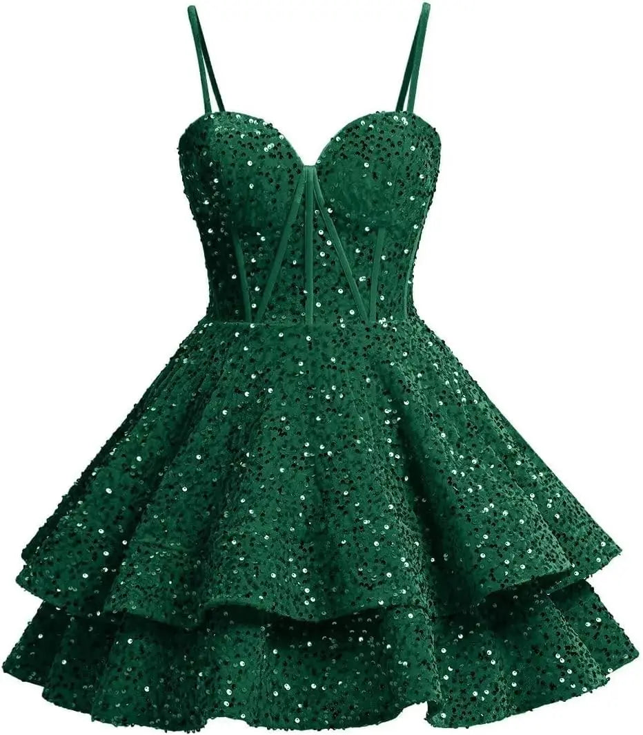 Vestidos de fiesta de graduación con lentejuelas brillantes para adolescentes, tirantes finos, corsé, vestido de cóctel con capas brillantes 