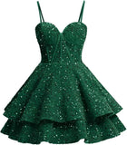 Vestidos de fiesta de graduación con lentejuelas brillantes para adolescentes, tirantes finos, corsé, vestido de cóctel con capas brillantes 