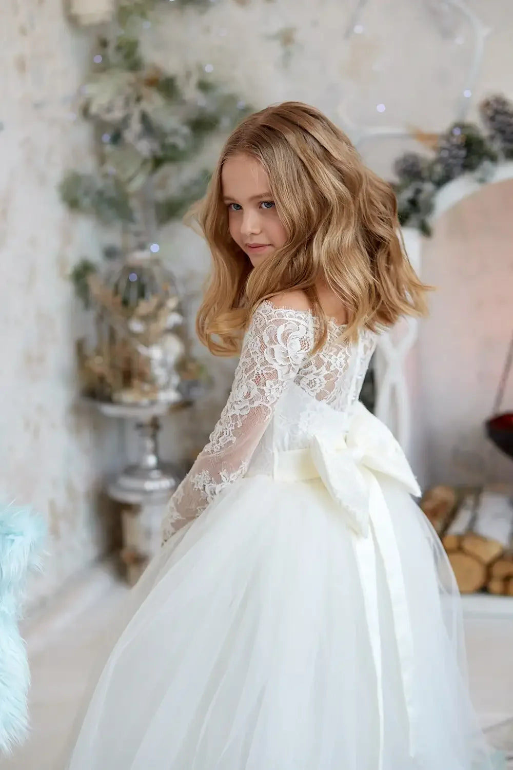 Boho Tüll Elfenbein Weiß Spitze Schleife Mädchen Erstkommunion Kleid Junior Brautjungfernkleid Maßgeschneidert Vollärmeliges Blumenmädchenkleid 