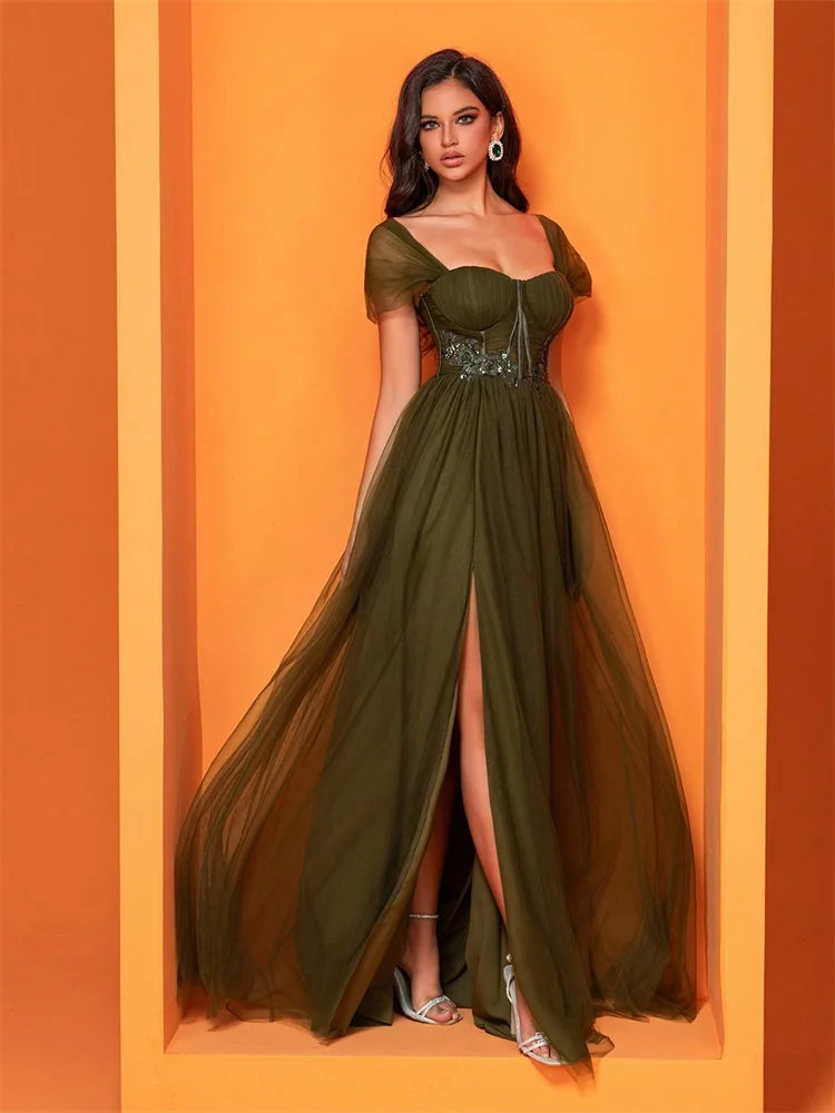 Elegant Short Sleeve Tulle Slit Evening Dresses 2027 Women Long Luxury Mermaid Formal Bridesmaid Party Maxi Prom Graduation Gown