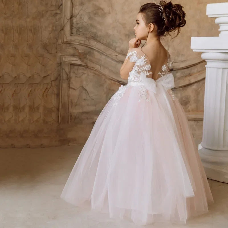 Apliques de flores blancas y rosas con lazo sin mangas para bodas, fiestas de cumpleaños, comuniones, vestidos personalizados para niñas de las flores. 