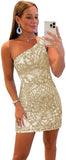 One Shoulder Short Homecoming Dresses for Teens Sparkly Sequin Tight Formal Cocktail Dress Sexy Club Gowns Mini Women's Dress