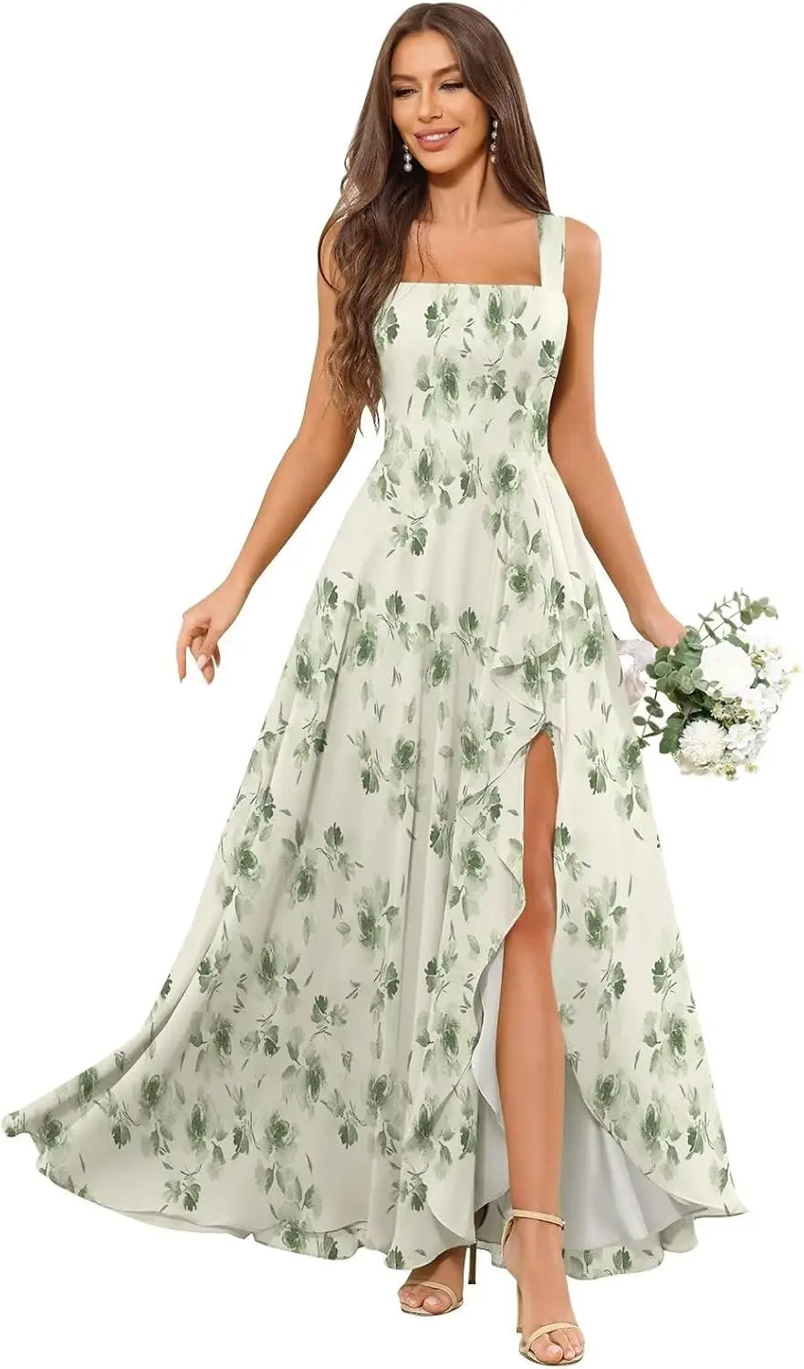 Chiffon Ruffle Bridesmaid Dresses for Women Square Neck Formal Evening Dress with Slit elegant dress women for wedding party