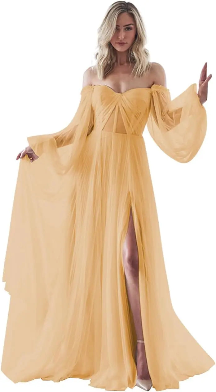 Vestidos de fiesta de manga larga abullonados para mujer, hechos a medida, con abertura en los hombros, de tul, para boda, formales, de noche, transparentes. 