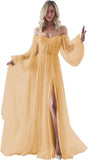 Vestidos de fiesta de manga larga abullonados para mujer, hechos a medida, con abertura en los hombros, de tul, para boda, formales, de noche, transparentes. 