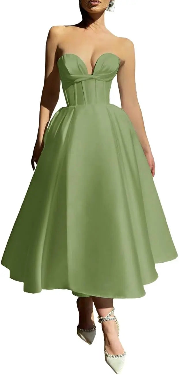 Strapless Prom Dresses 2025 Sweetheart Satin Tea Length Puffy Party Dresses for Women simple wedding dress short wedding dress