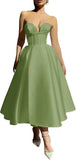 Strapless Prom Dresses 2025 Sweetheart Satin Tea Length Puffy Party Dresses for Women simple wedding dress short wedding dress