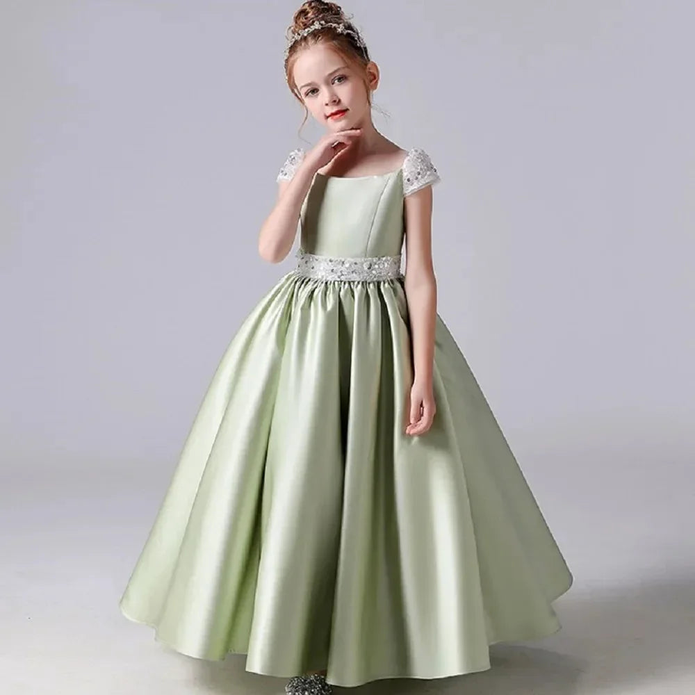Elegante vestido de satén para niña, para fiesta de cumpleaños, con lentejuelas, estilo princesa, formal, de primera comunión, color verde, para niña de las flores, para boda. 