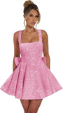 Vestidos de fiesta de graduación con lentejuelas brillantes para adolescentes, con lazo, cortos y abullonados.