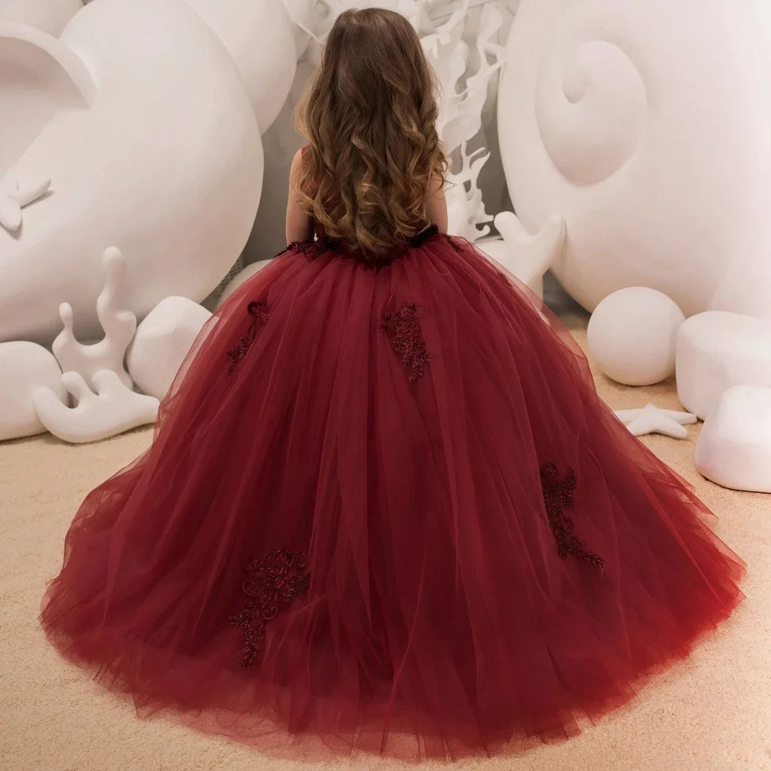 Burgundy Tulle Puffy Floral Appliques Sleeveless For Wedding Party Birthday Banquet Princess Gown Customized Flower Girl Dresse