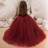 Burgundy Tulle Puffy Floral Appliques Sleeveless For Wedding Party Birthday Banquet Princess Gown Customized Flower Girl Dresse