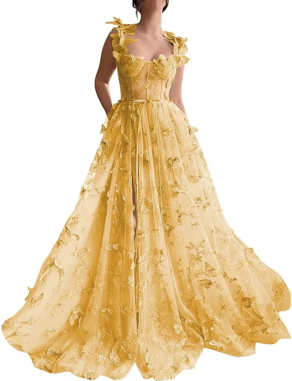 Women's 3D Butterfly Prom Dresses Tulle Ball Gown Fairy Corset Long Slit Lace Applique Formal Evening Dress party dresses