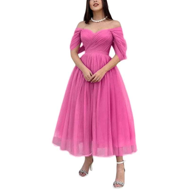 Tulle Sweetheart A-line Evening Dresses Off the Shoulder Tea-Length Formal Dress With Pleats & Bow Elegant Lace Up Prom Gowns
