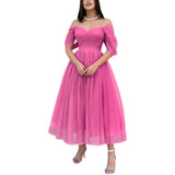 Tulle Sweetheart A-line Evening Dresses Off the Shoulder Tea-Length Formal Dress With Pleats & Bow Elegant Lace Up Prom Gowns