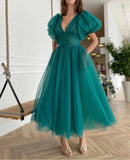Puffy Sleeve Prom Dresses for Women Dotted Tulle V Neck Formal Evening Party Gowns Tea Length Bridesmaid Dresses