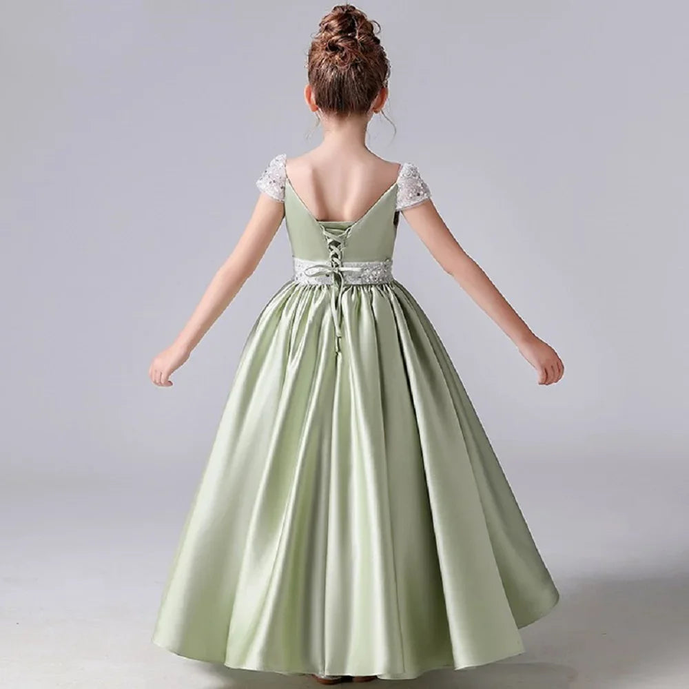 Elegante vestido de satén para niña, para fiesta de cumpleaños, con lentejuelas, estilo princesa, formal, de primera comunión, color verde, para niña de las flores, para boda. 