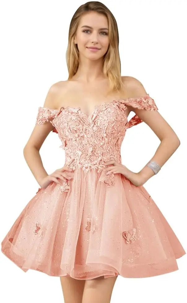 Glitter Tulle Appliques Homecoming Dresses for Teens Beaded Off Shoulder Short Prom Dresses Lace Cocktail Mini Dress Club Gowns