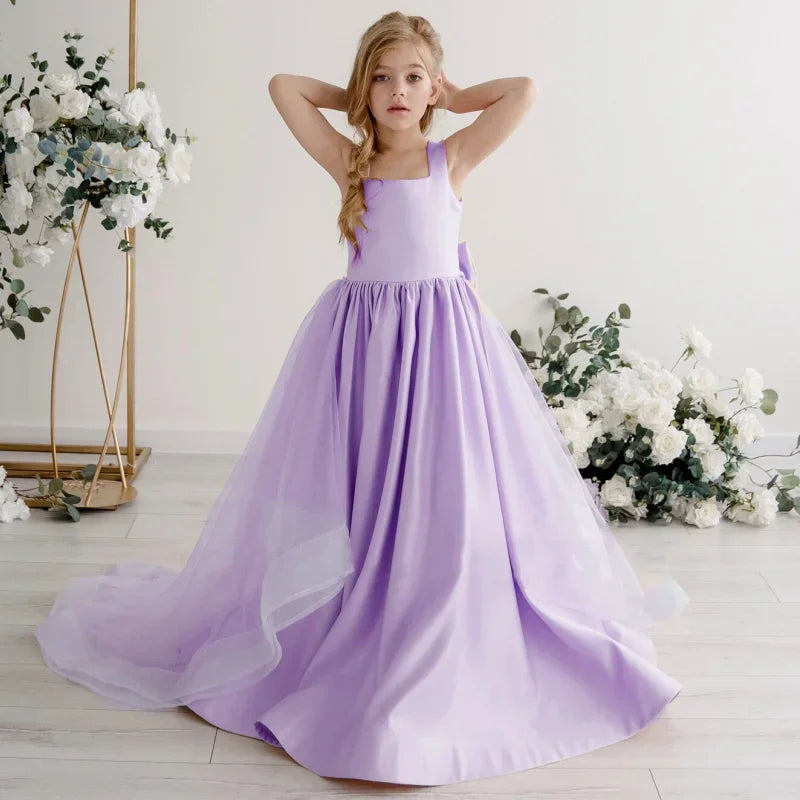 Geburtstagsfeier Bankett Prinzessin Kleider Blumenmädchenkleider Rosa Satin Solide Mit Tailing Und Bogen Ärmellos Für Hochzeit 