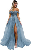 Vestido de fiesta de tul con hombros descubiertos, abertura, apliques de encaje brillante, corsé, vestido formal de fiesta de noche, vestidos de fiesta para mujer, noche 