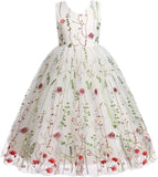 Floral Embroidered Tulle Dress Girls Sleeveless Birthday Wedding Pageant Party Formal Long Tutu Dresses princess dress