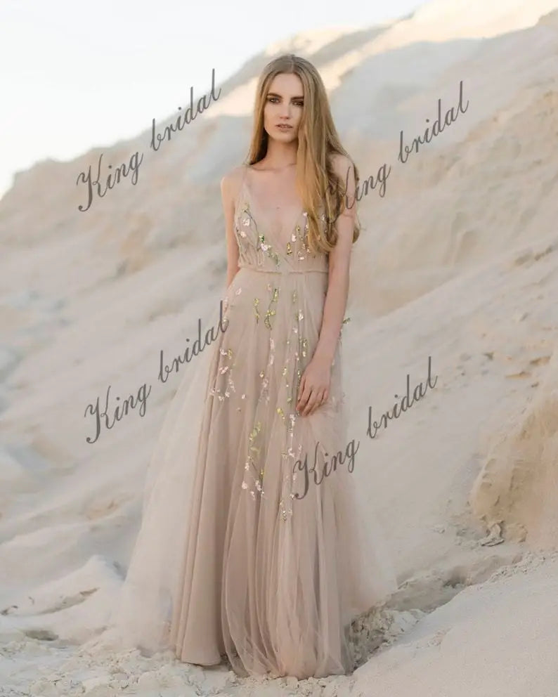 Slit bridal gown Tulle Open back party wedding dress hand embroidered sleeveless A-line bridal gown evening prom dresses